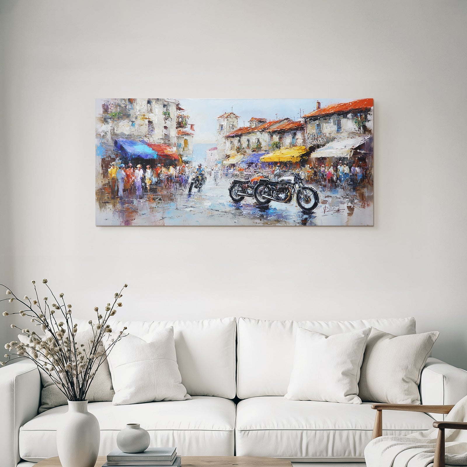 Lebendige Strassenszene Impressionistische Malerei Vintage Motorrader Marktplatz