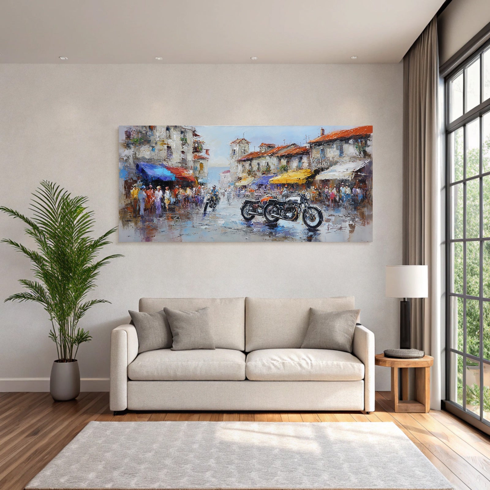 Lebendige Strassenszene Impressionistische Malerei Vintage Motorrader Marktplatz