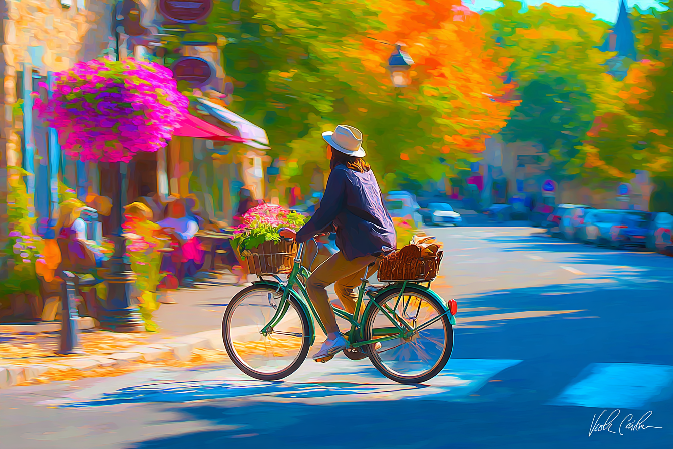 Lebensfrohe Fahrradfahrt In Bunter Strasse Mit Blumenbestätigten Korb | Fahrraeder und Motorraeder | Mobilitaet und Technik
