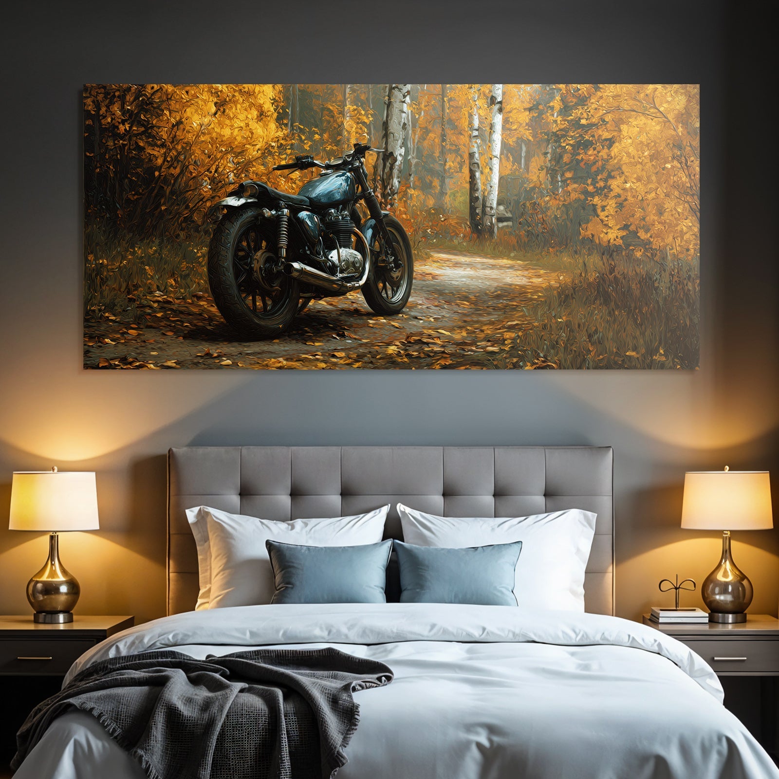 Motorrad In Herbstlicher Landlandschaft Mit Bunten Blättern