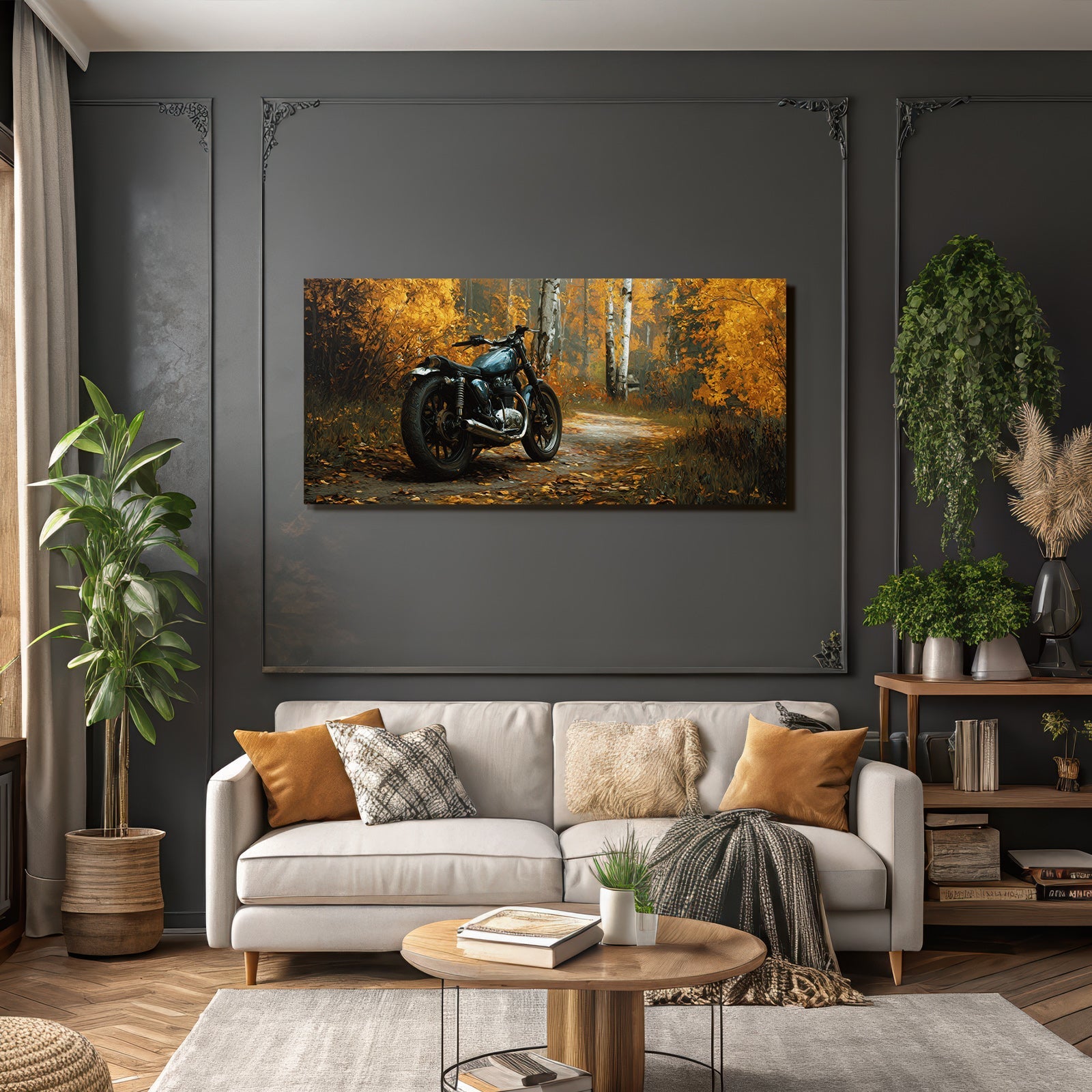 Motorrad In Herbstlicher Landlandschaft Mit Bunten Blättern