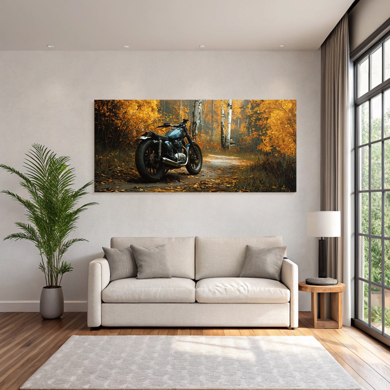 Motorrad In Herbstlicher Landlandschaft Mit Bunten Blättern