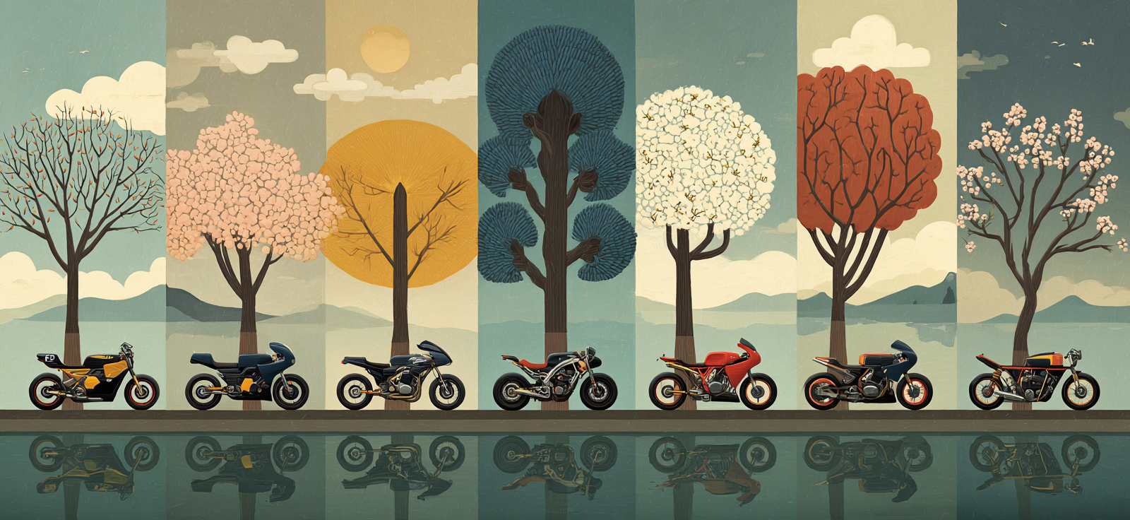 Motorrad Saison Kunst Illustration Faltblätter Reflexionen | Fahrraeder und Motorraeder | Mobilitaet und Technik