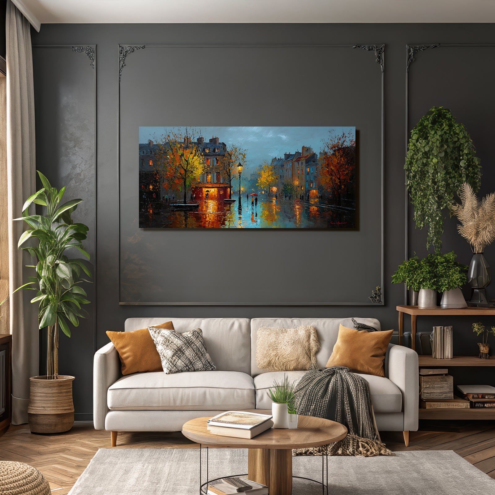 Regnerische Strassenszene Impressionistische Malerei With Autumn Foliage