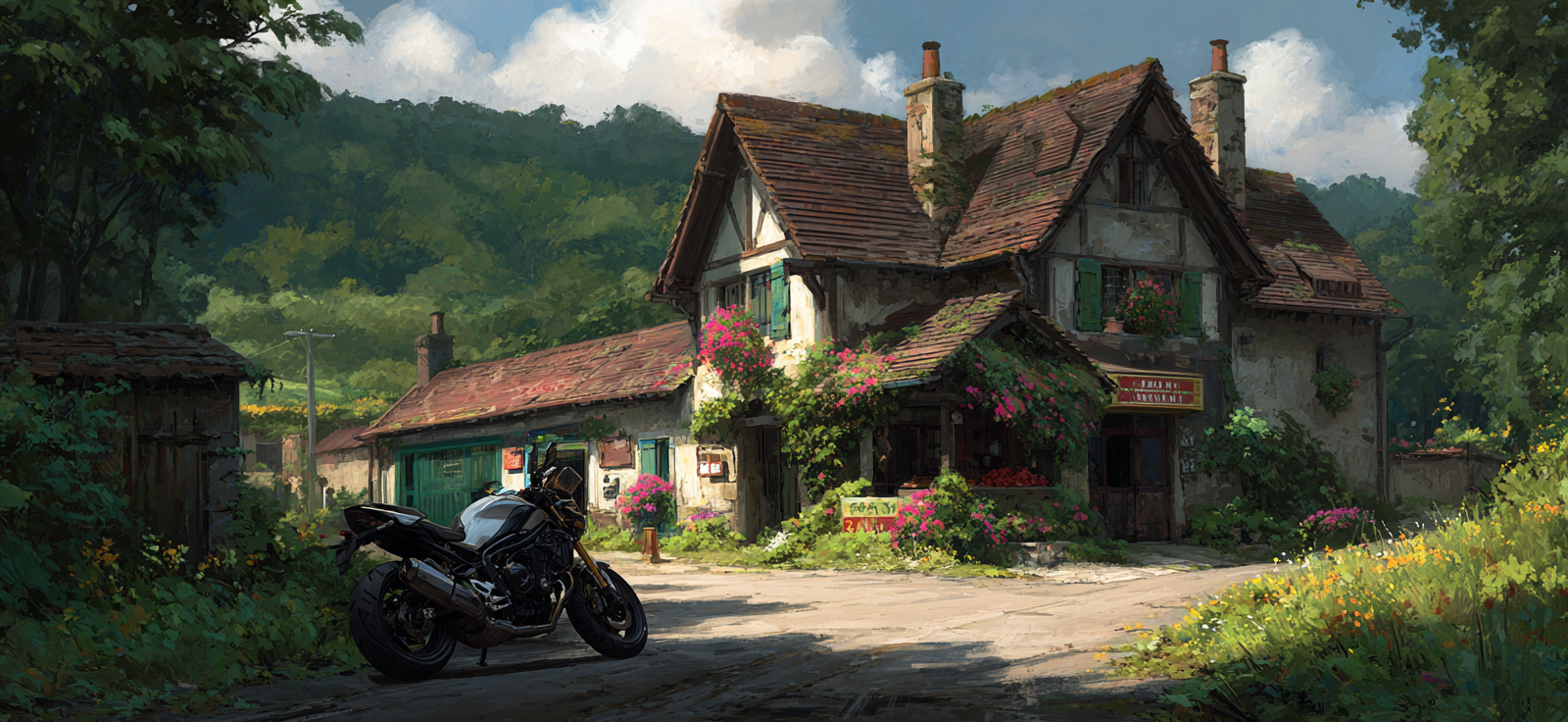 Rustikales Haus Umgeben Von Grünem Blumen Und Motorrad | Fahrraeder und Motorraeder | Mobilitaet und Technik