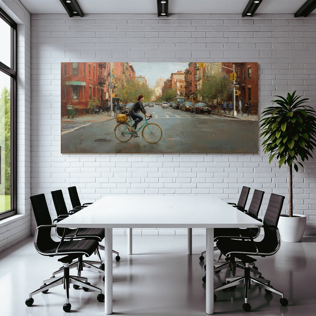 Stadtstrassenszene Frau Auf Fahrrad Impressionistisch