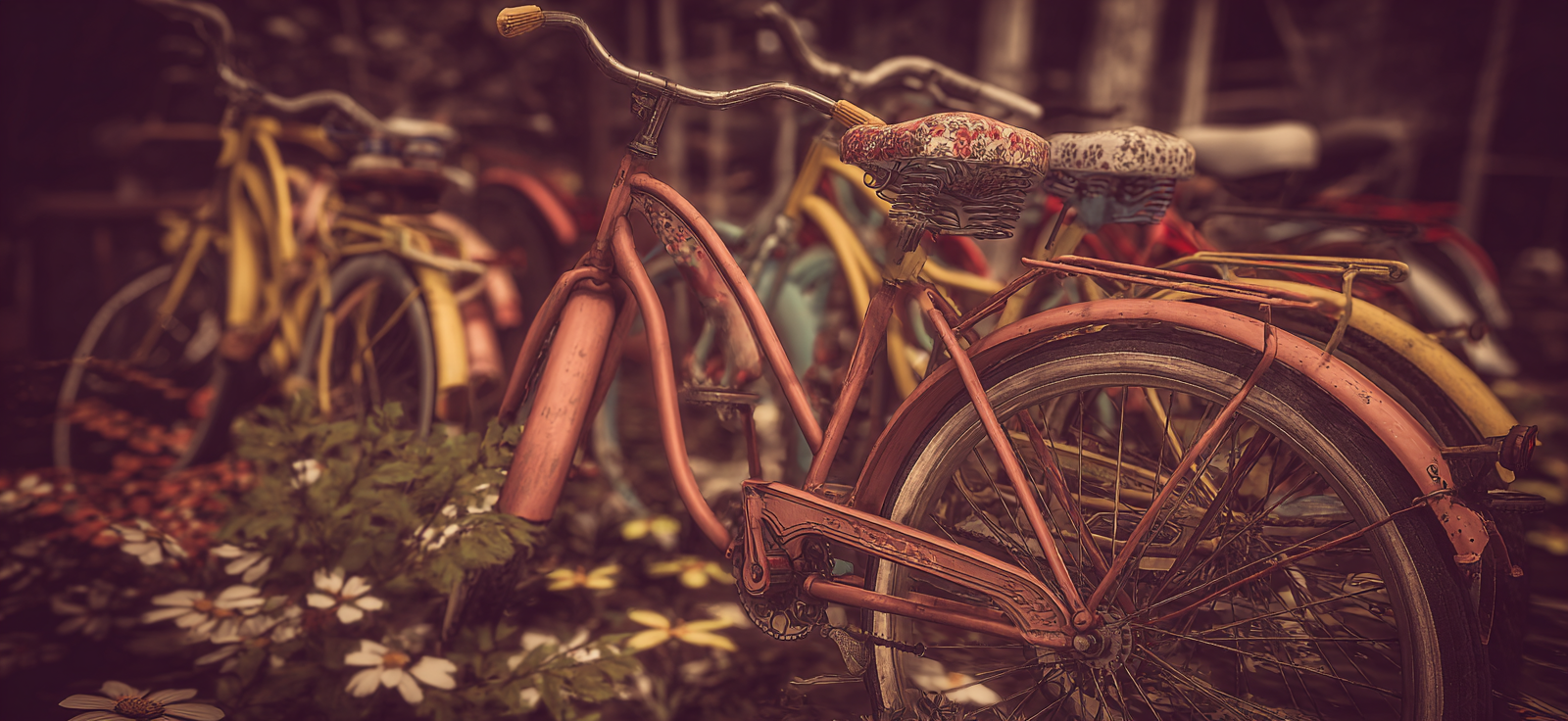 Vintage Fahrrad Vor Blumen Garten Nostalgische Atmosphäre | Fahrraeder und Motorraeder | Mobilitaet und Technik