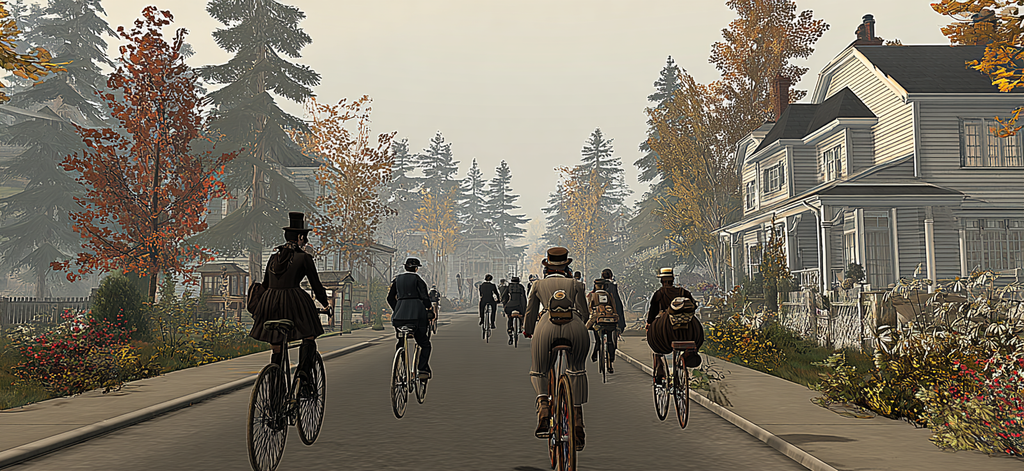 Vintage Fahrradfahrer Herbst Auf Strasse Mit Wohnhäusern | Fahrraeder und Motorraeder | Mobilitaet und Technik