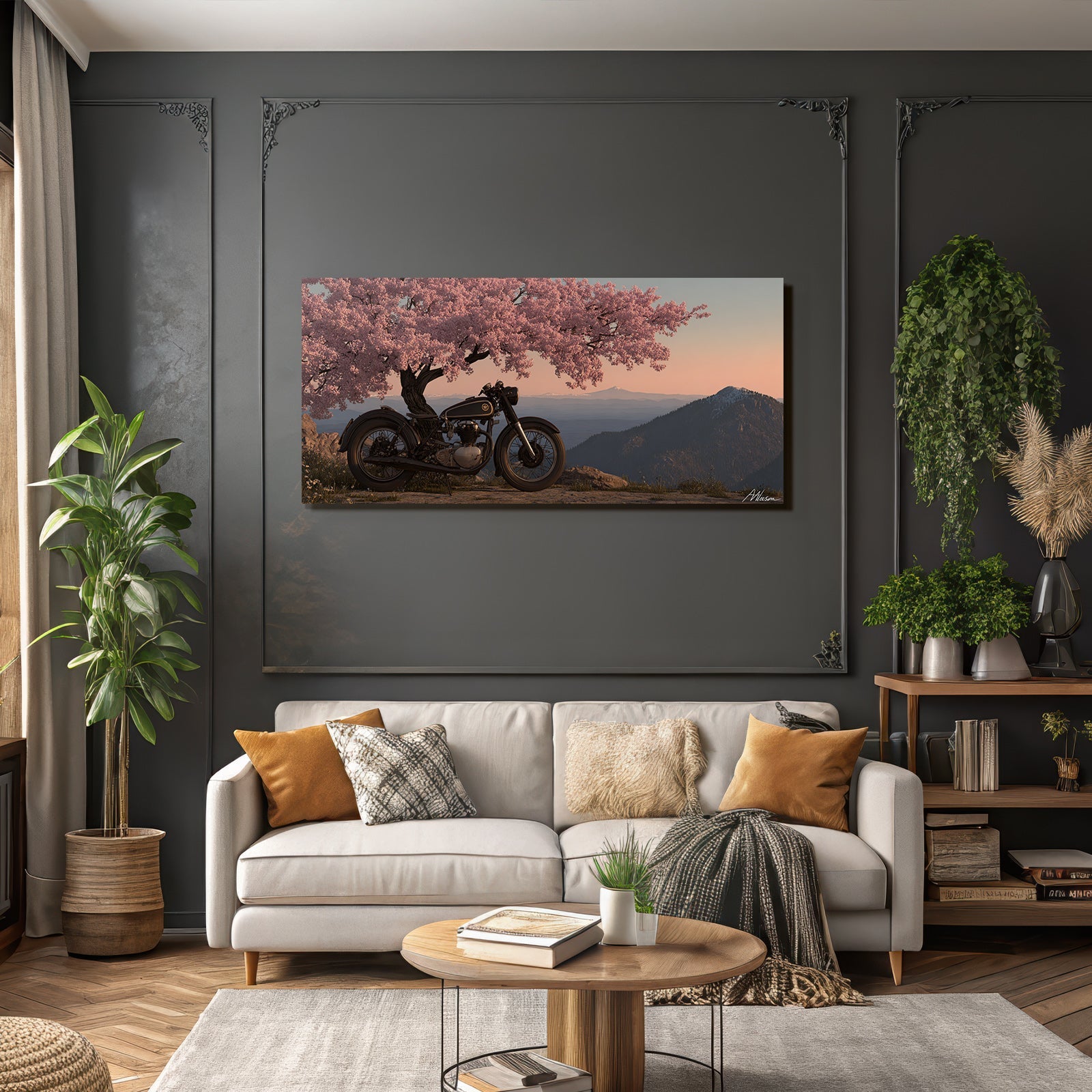 Vintage Motorrad Unter Kirschbaum Mit Bergen Hintergrund Pastell Himmel