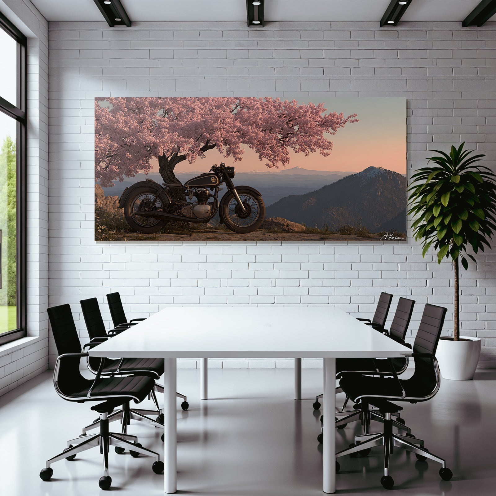 Vintage Motorrad Unter Kirschbaum Mit Bergen Hintergrund Pastell Himmel