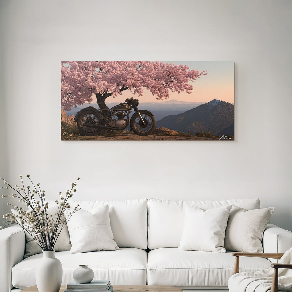 Vintage Motorrad Unter Kirschbaum Mit Bergen Hintergrund Pastell Himmel