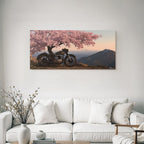 Vintage Motorrad Unter Kirschbaum Mit Bergen Hintergrund Pastell Himmel
