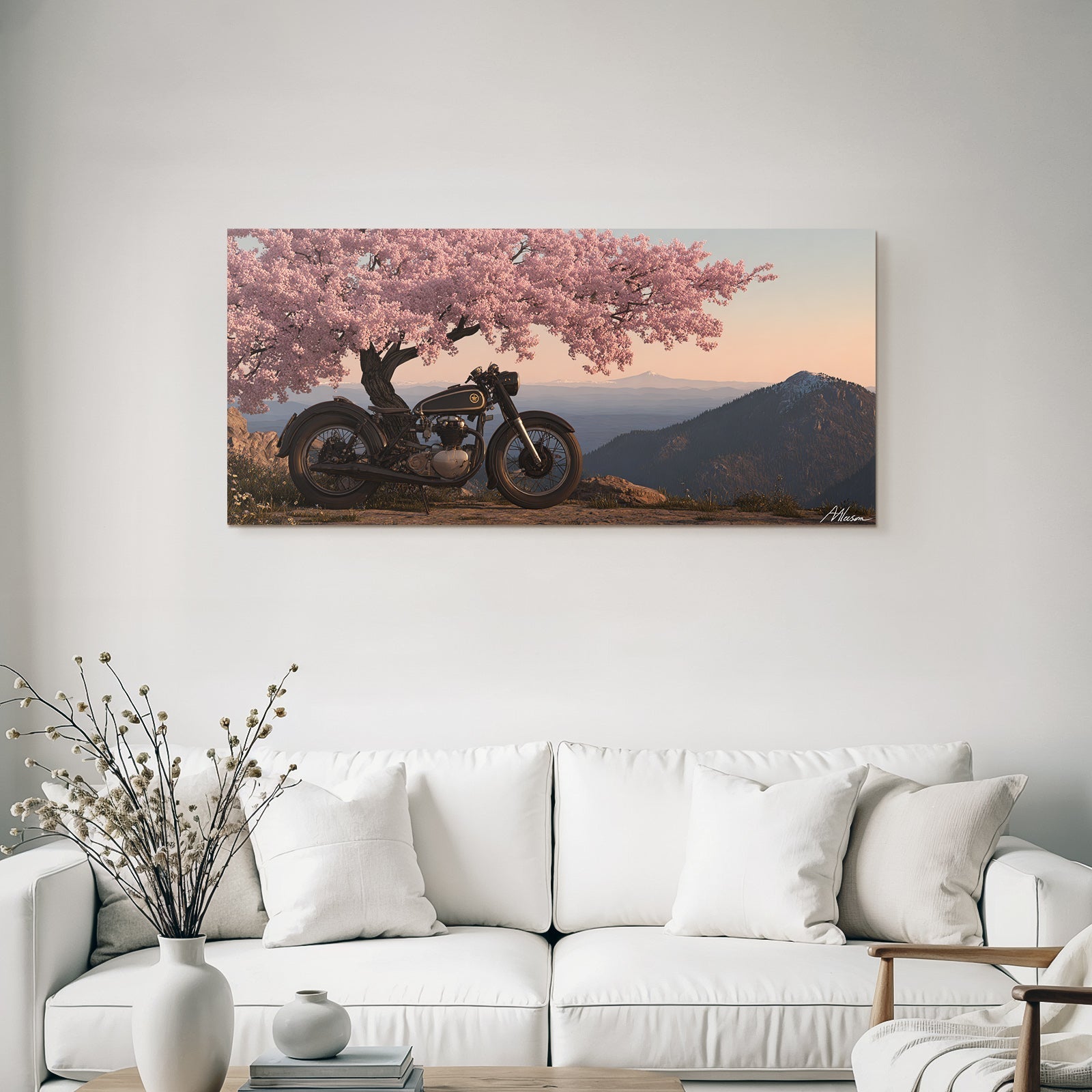 Vintage Motorrad Unter Kirschbaum Mit Bergen Hintergrund Pastell Himmel