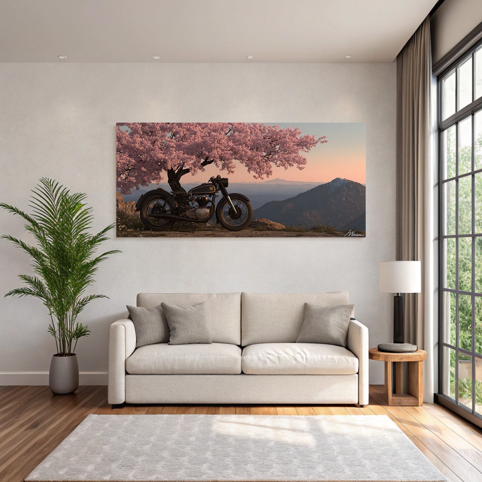 Vintage Motorrad Unter Kirschbaum Mit Bergen Hintergrund Pastell Himmel