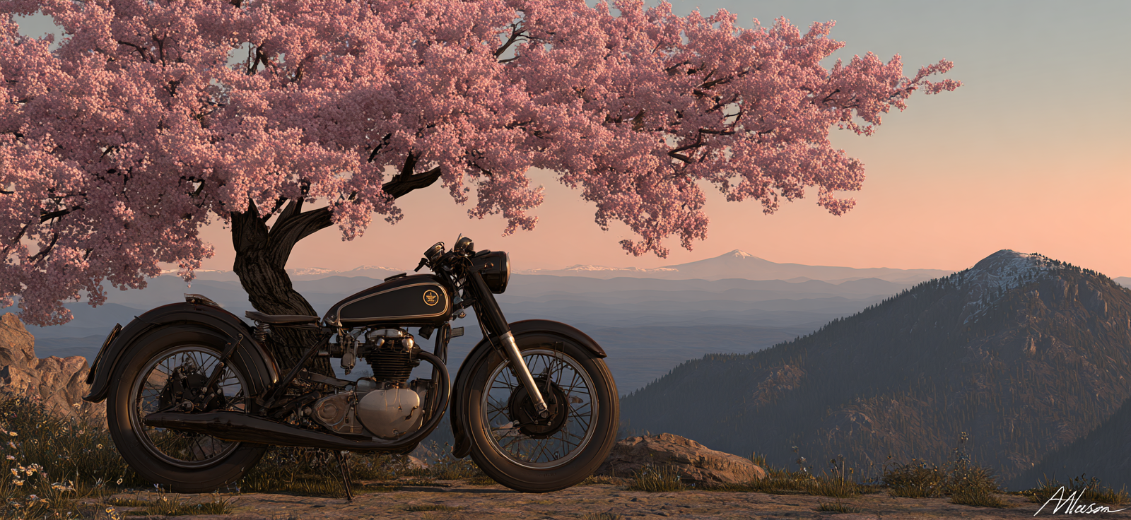 Vintage Motorrad Unter Kirschbaum Mit Bergen Hintergrund Pastell Himmel | Fahrraeder und Motorraeder | Mobilitaet und Technik