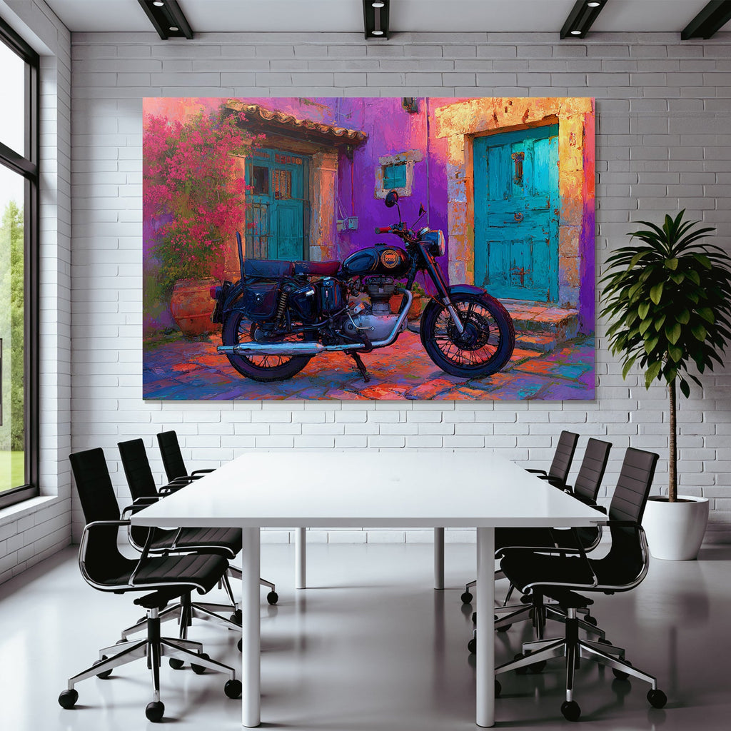 Vintage Motorrad Vor Bunter Maür Mit Violetten Ton Und Blumen