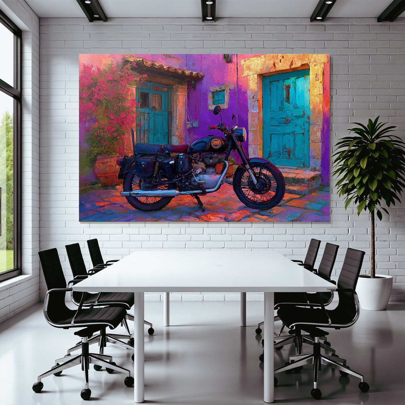 Vintage Motorrad Vor Bunter Maür Mit Violetten Ton Und Blumen