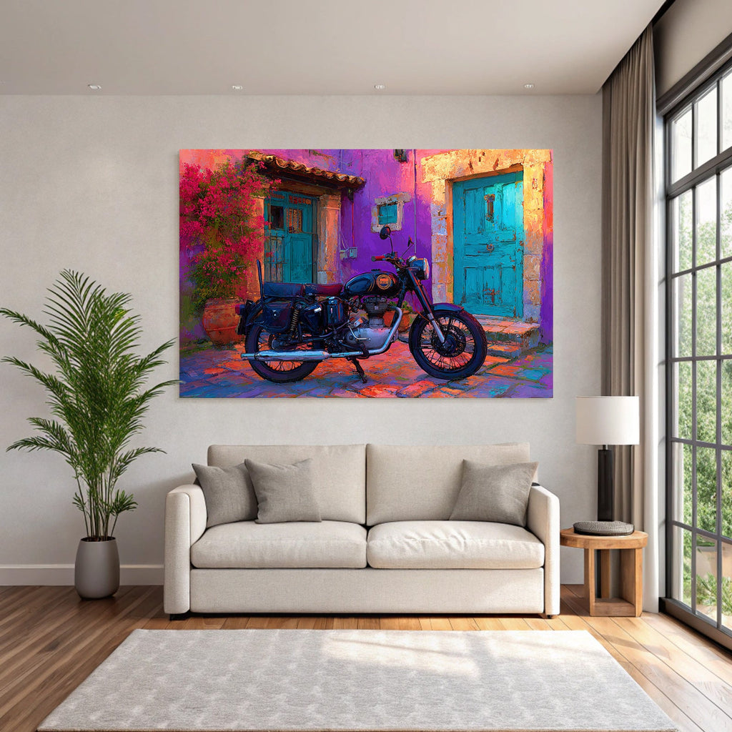 Vintage Motorrad Vor Bunter Maür Mit Violetten Ton Und Blumen