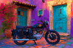 Vintage Motorrad Vor Bunter Maür Mit Violetten Ton Und Blumen | Fahrraeder und Motorraeder | Mobilitaet und Technik