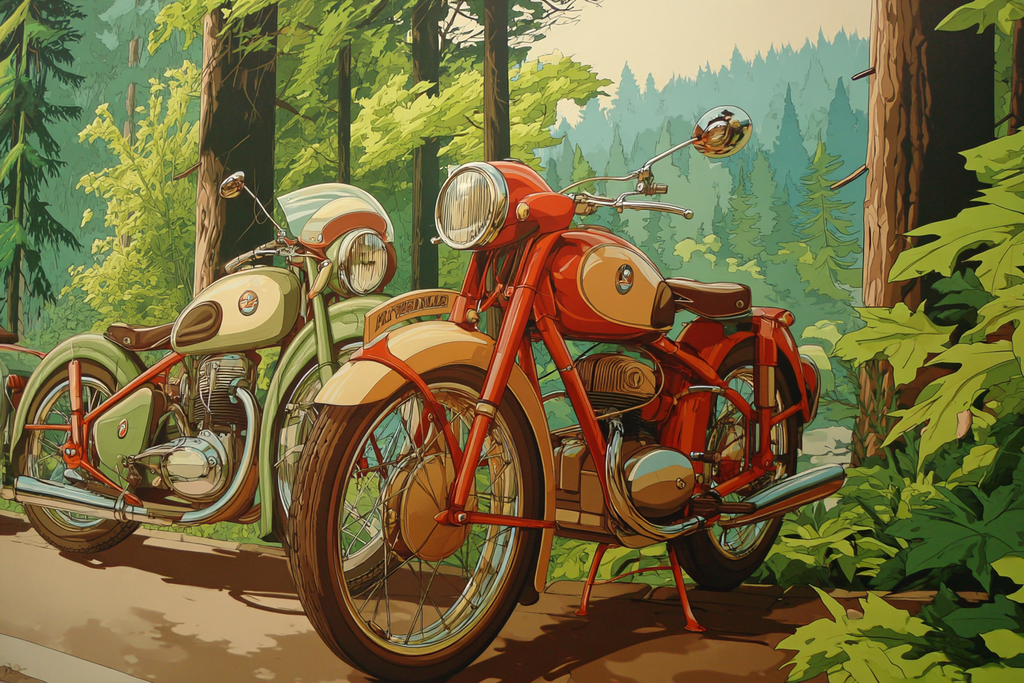Vintage Motorrader Im Wald Grun Und Rot | Fahrraeder und Motorraeder | Mobilitaet und Technik
