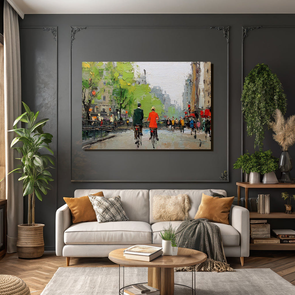 Zwei Personen Mit Fahrrad In Der Stadt Impressionistische Malerei