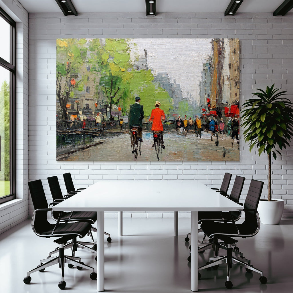 Zwei Personen Mit Fahrrad In Der Stadt Impressionistische Malerei