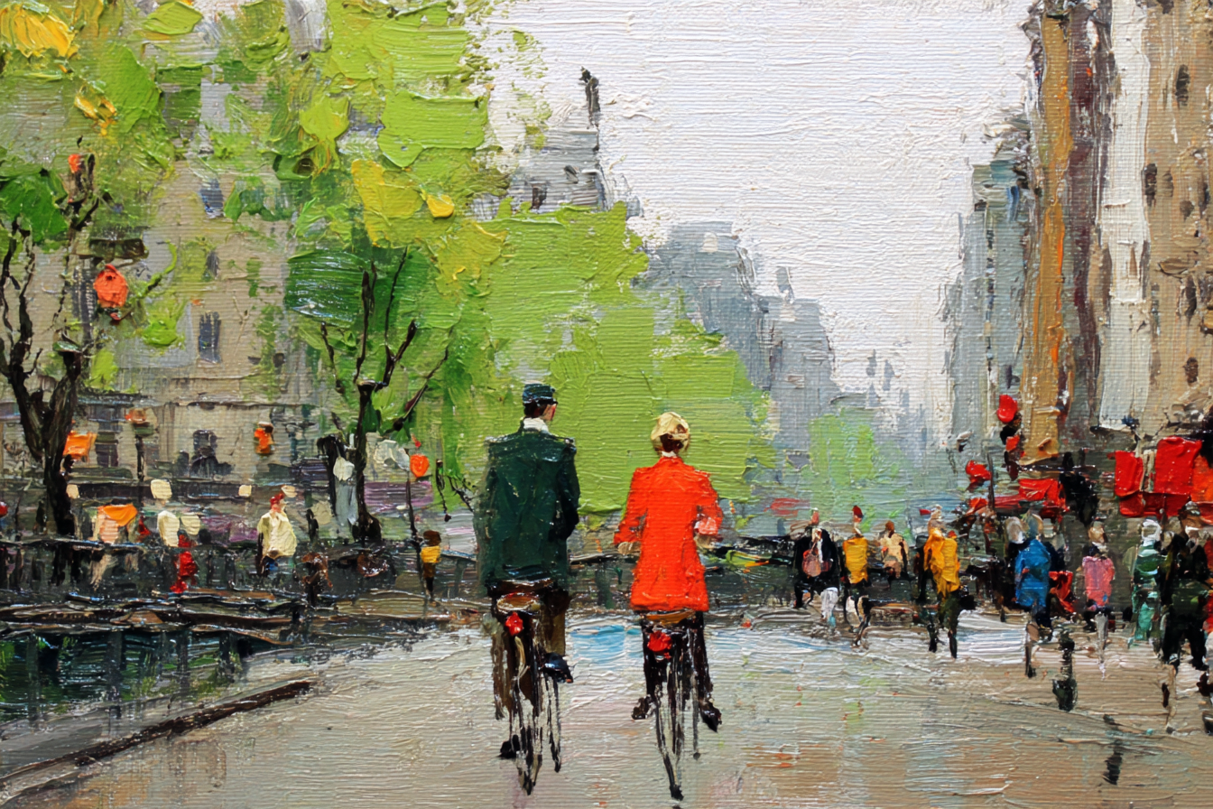 Zwei Personen Mit Fahrrad In Der Stadt Impressionistische Malerei | Fahrraeder und Motorraeder | Mobilitaet und Technik