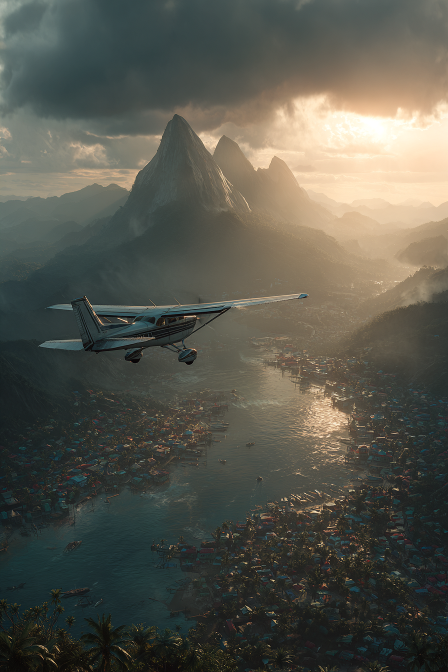 Kleiner Flugzeug Über Berge Und Wasser Bunte Haeuser Landschaft