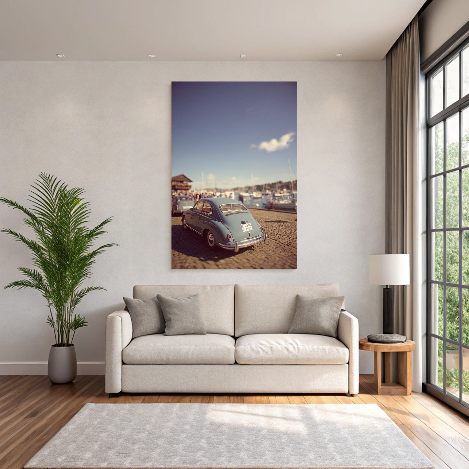 Blaü Auto Am Hafen Mit Boote Auf Dem Wasser Und Leuten Unter Blaüm Himmel