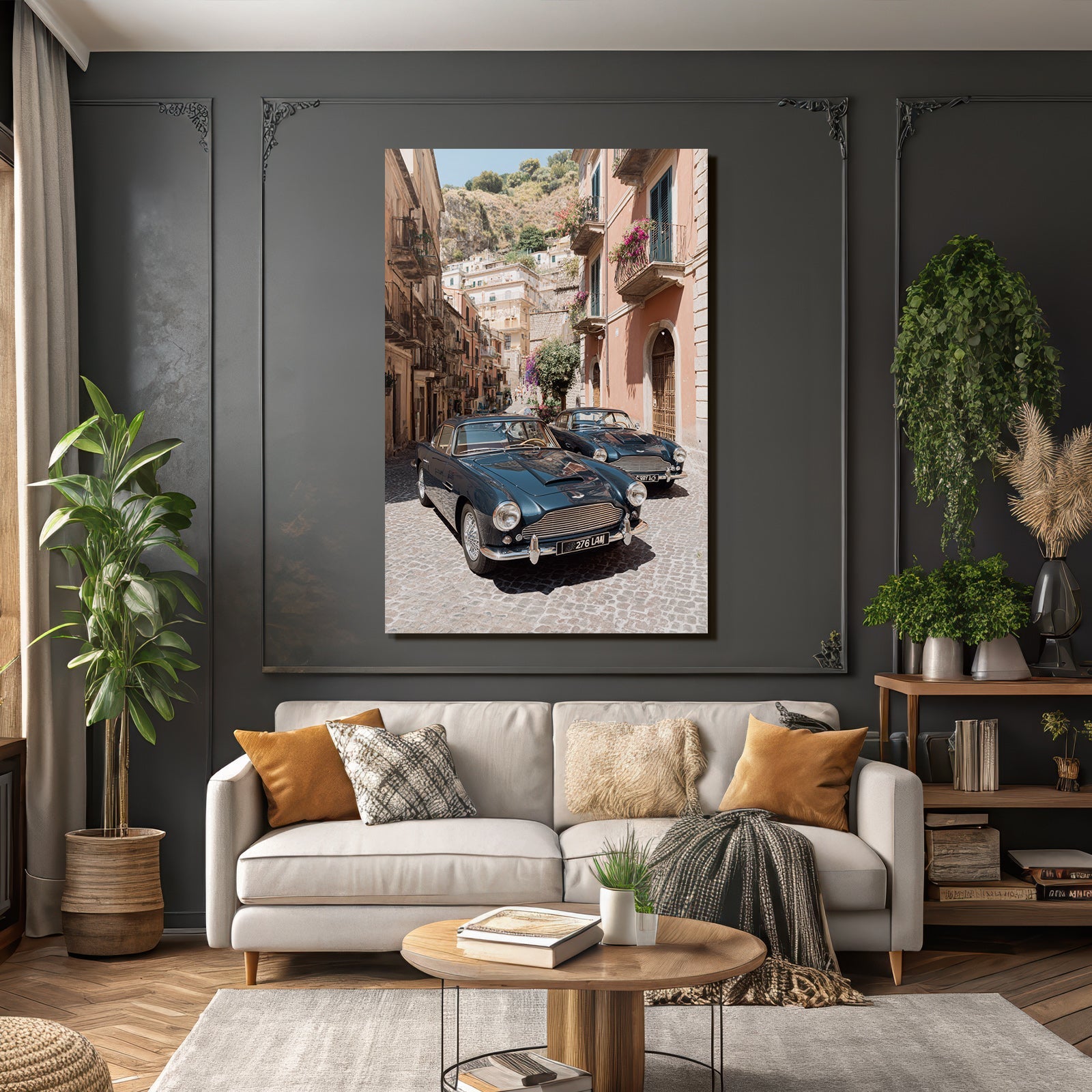 Blaü Klassische Autos Cobblestone Strasse Malerei Zum Verweilen