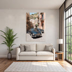 Blaü Klassische Autos Cobblestone Strasse Malerei Zum Verweilen