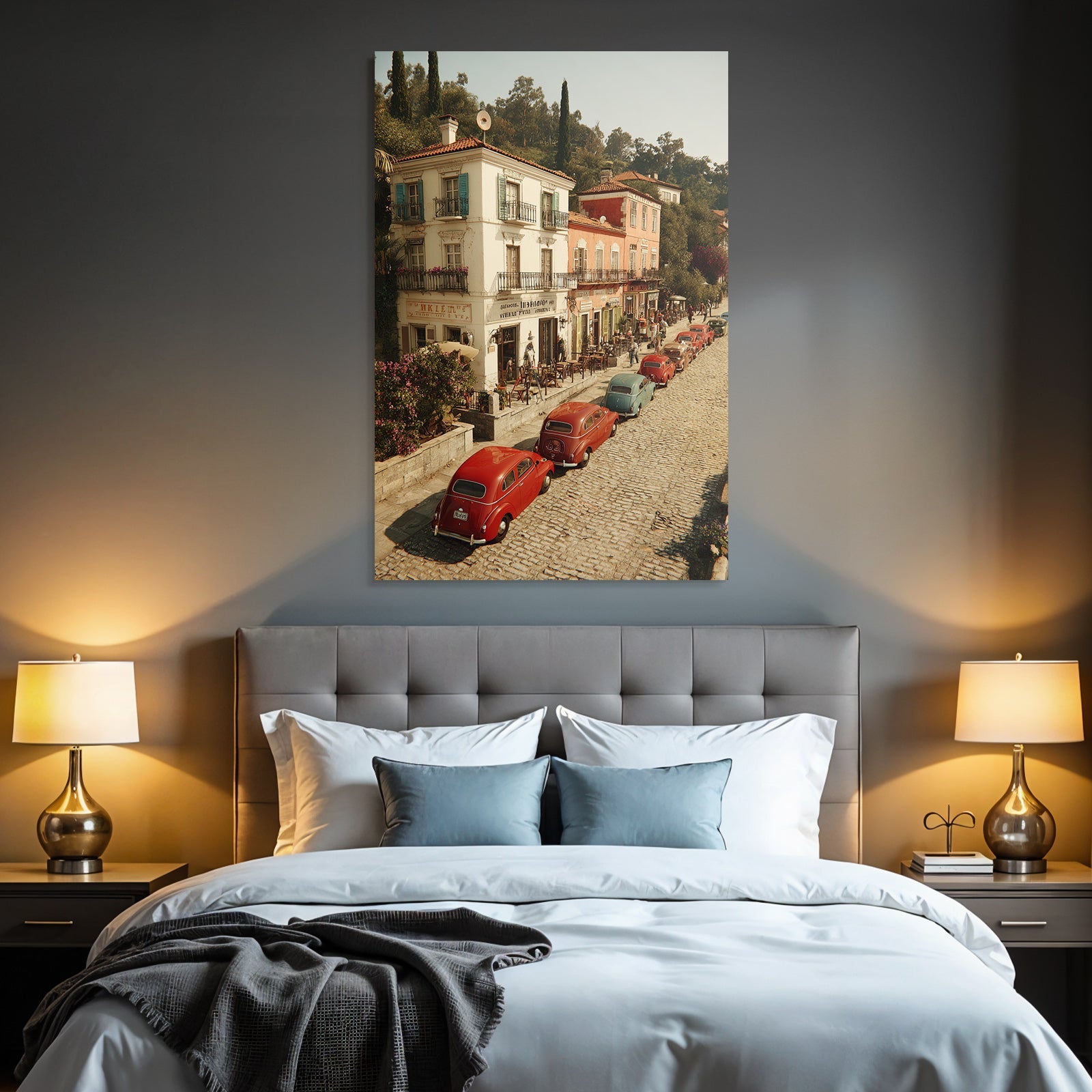 Charmante Strassenszene Vintage Autos Cobblestone Und Cafes In Europa