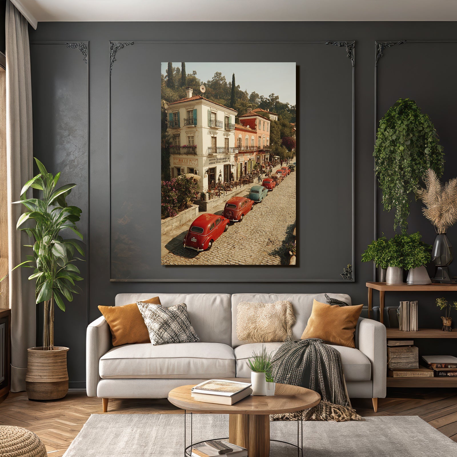 Charmante Strassenszene Vintage Autos Cobblestone Und Cafes In Europa
