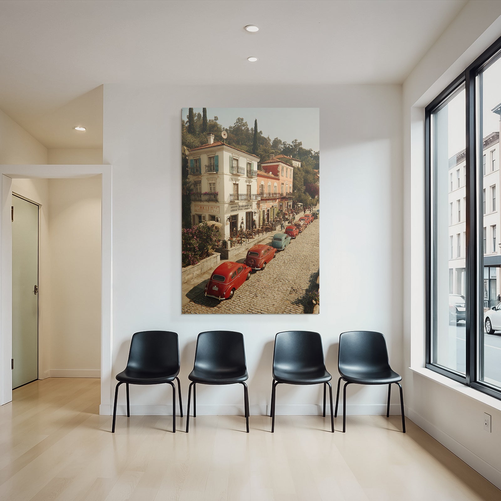 Charmante Strassenszene Vintage Autos Cobblestone Und Cafes In Europa