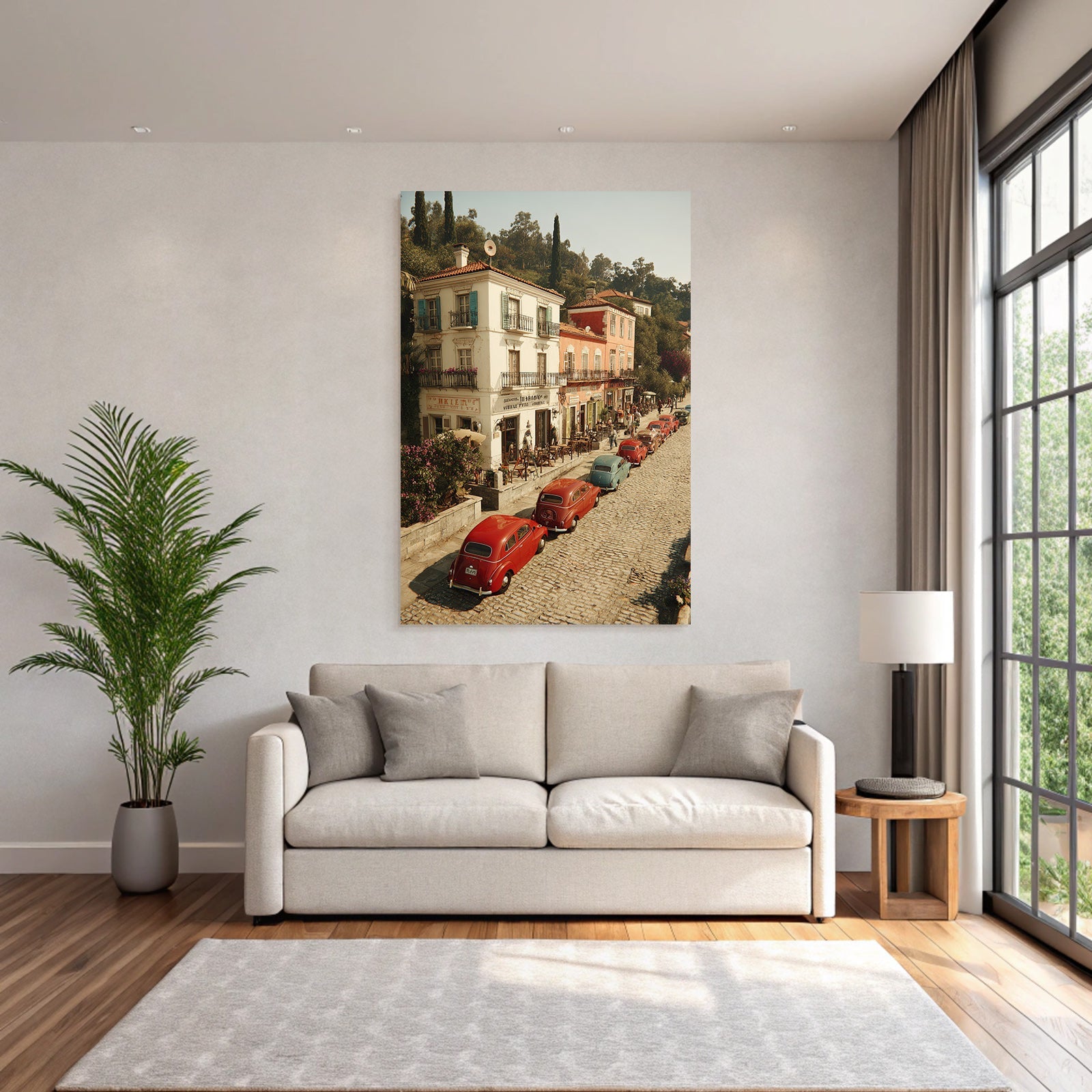 Charmante Strassenszene Vintage Autos Cobblestone Und Cafes In Europa