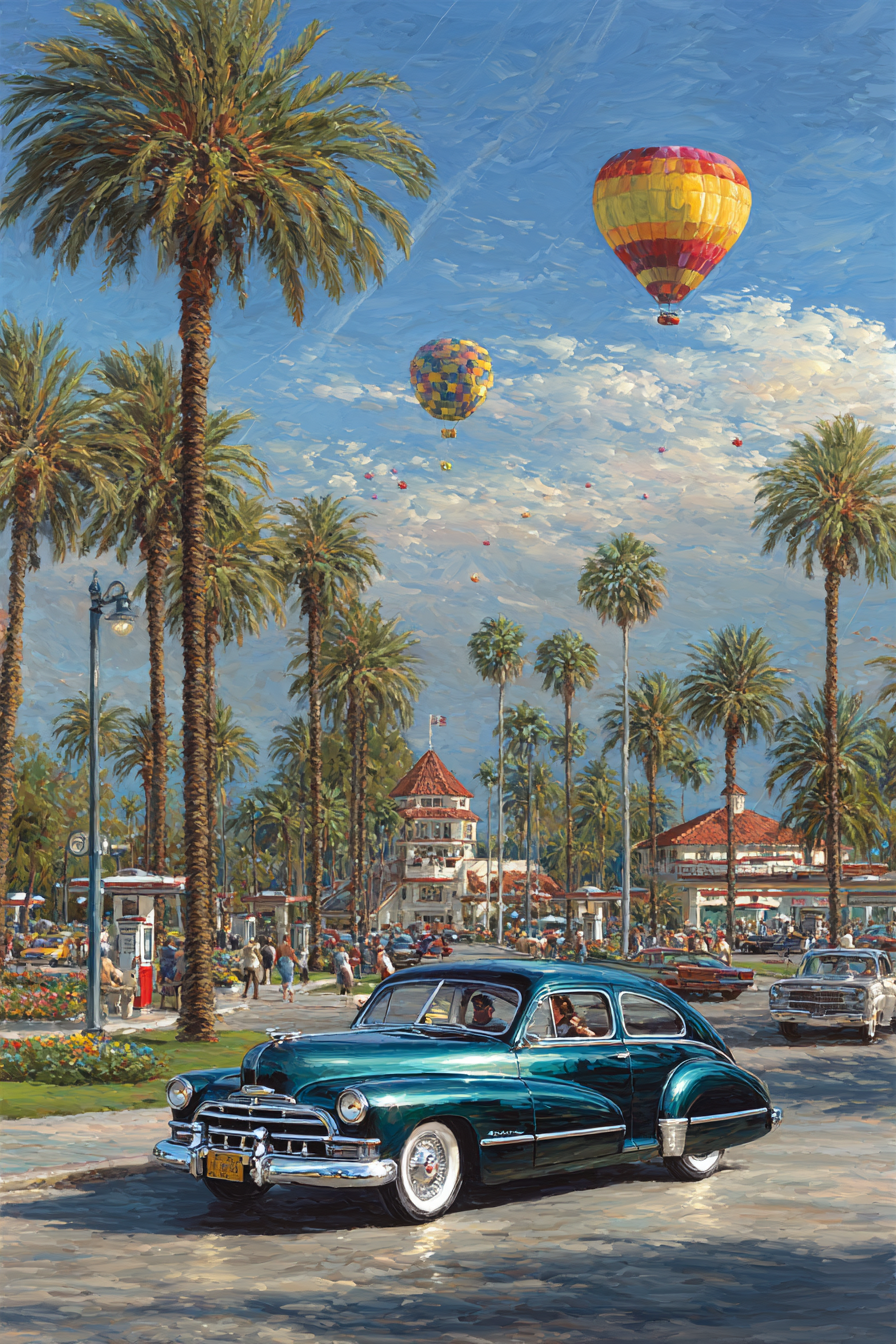 Lebhaftes Gemälde Sonniger Szenen Mit Klassischen Autos Palmen Und Heissluftballons | Oldtimer | Mobilitaet und Technik