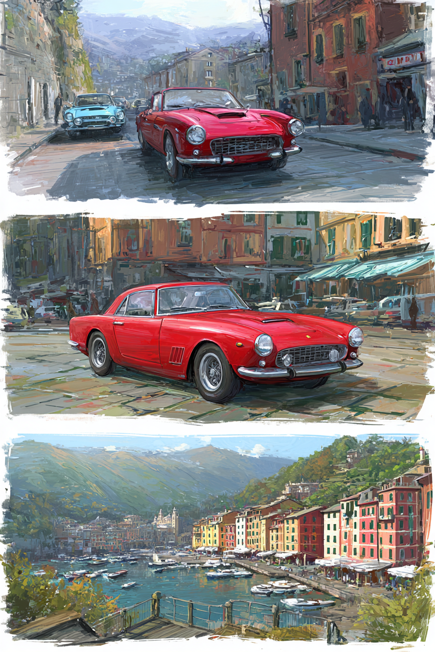Vintage Autos Ferrari Küstenlandschaften Impressionistisches Kunstwerk | Oldtimer | Mobilitaet und Technik