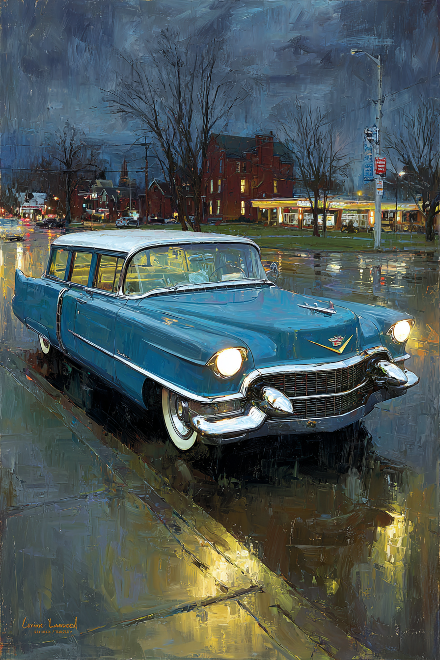 Vintage Blaü Cadillac Regnerische Strasse Kunstvolle Malerei | Oldtimer | Mobilitaet und Technik