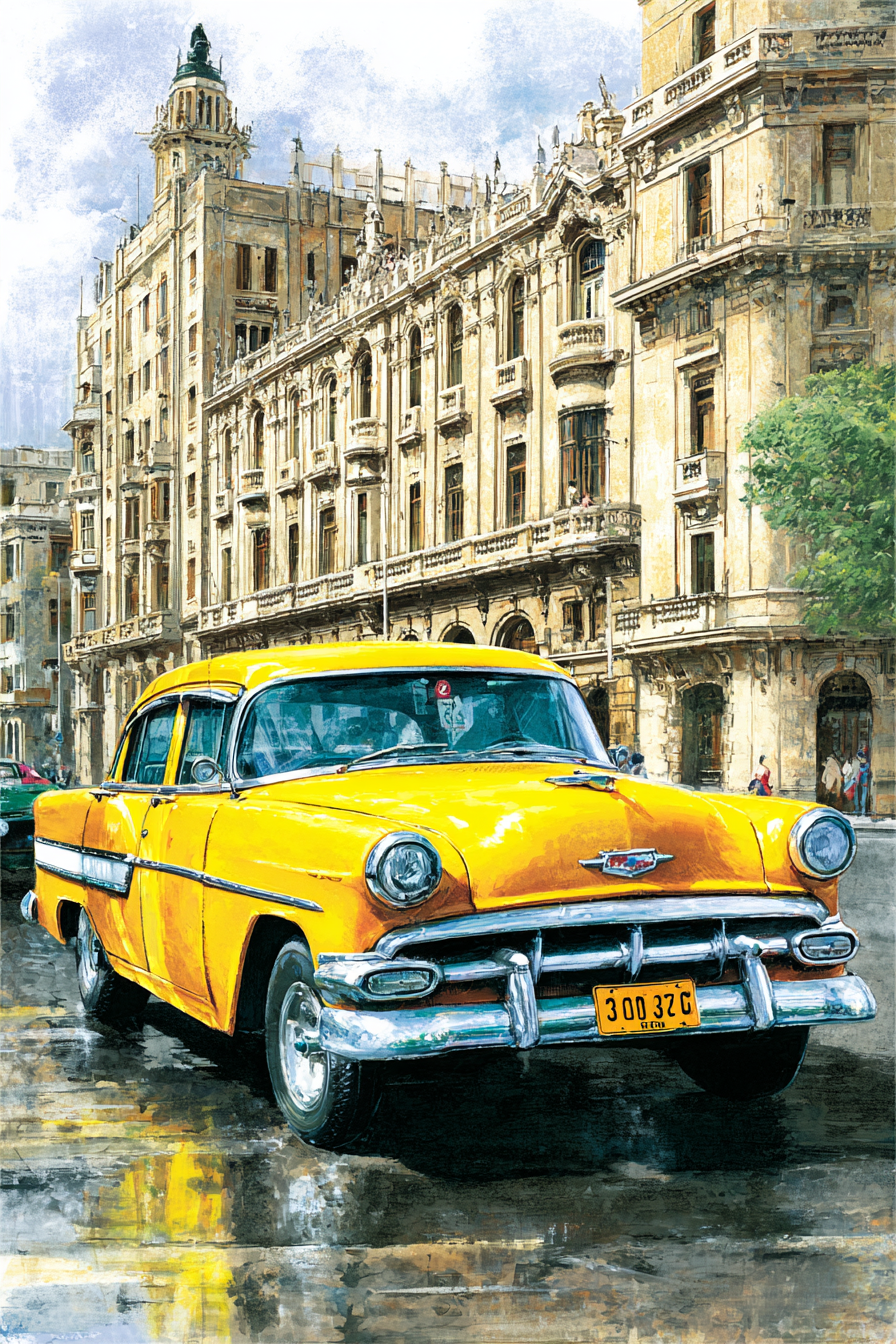 Vintage Gelbes Auto Vor Grandioser Architektur | Oldtimer | Mobilitaet und Technik