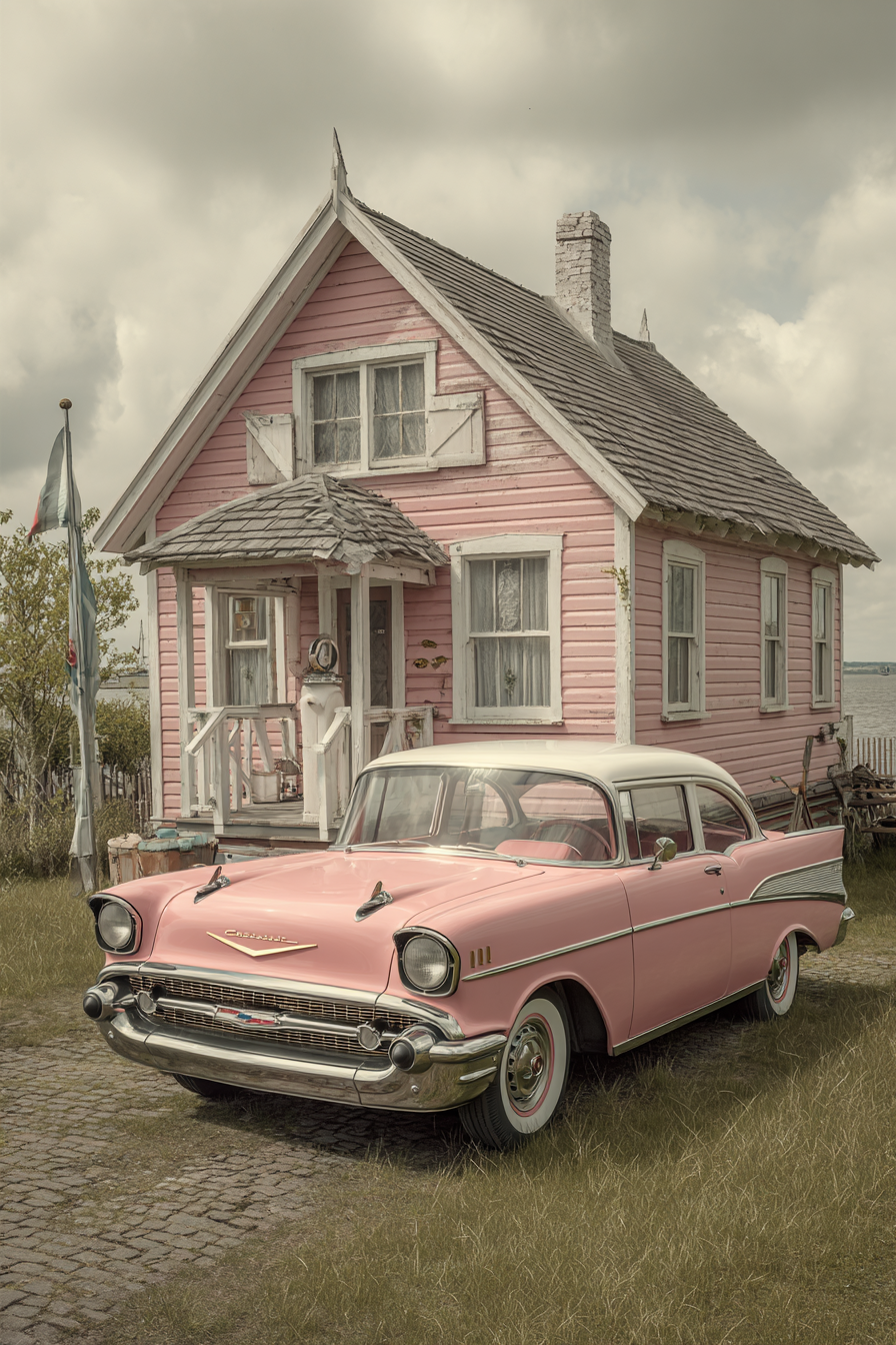 Vintage Rosa Auto Vor Pastellfarbenem Haus Mit Wolken Himmel | Oldtimer | Mobilitaet und Technik