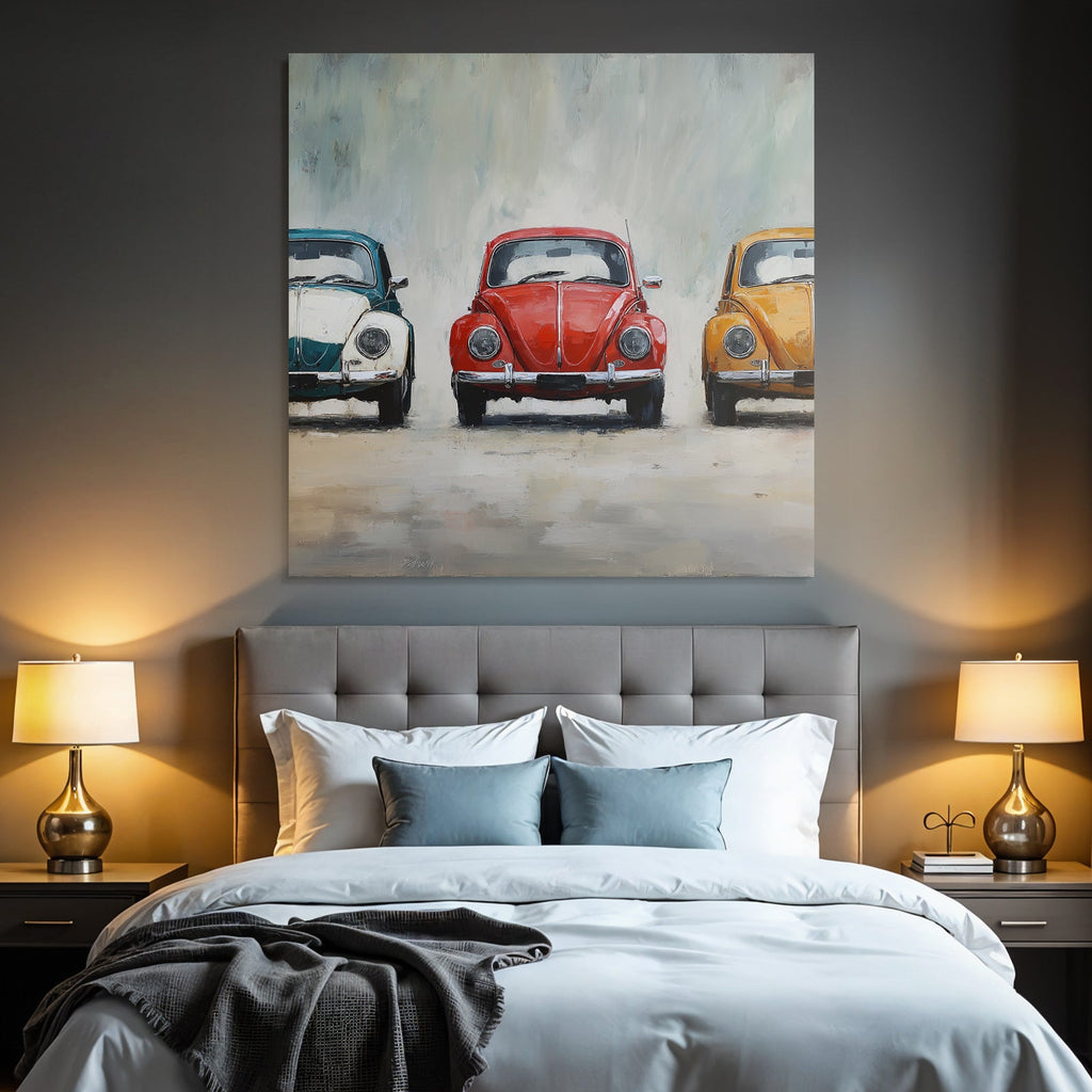 Drei Klassische Volkswagen Käfer In Farben Blau Rot Gelb Malerei