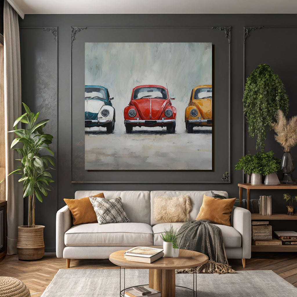 Drei Klassische Volkswagen Käfer In Farben Blau Rot Gelb Malerei