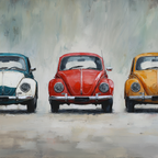 Drei Klassische Volkswagen Käfer In Farben Blau Rot Gelb Malerei | Oldtimer | Mobilitaet und Technik