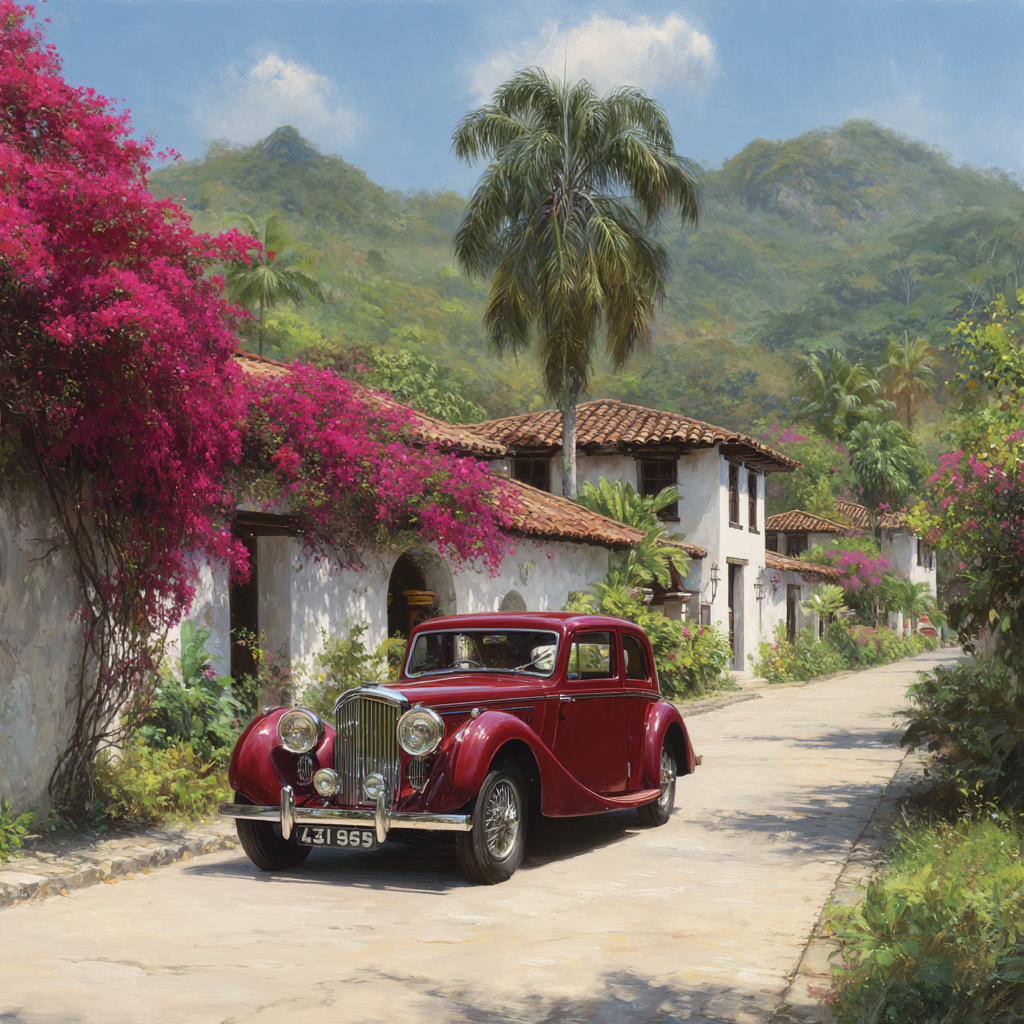 Malerische Strasse Vintage Rotes Auto Und Bougainvillea | Oldtimer | Mobilitaet und Technik