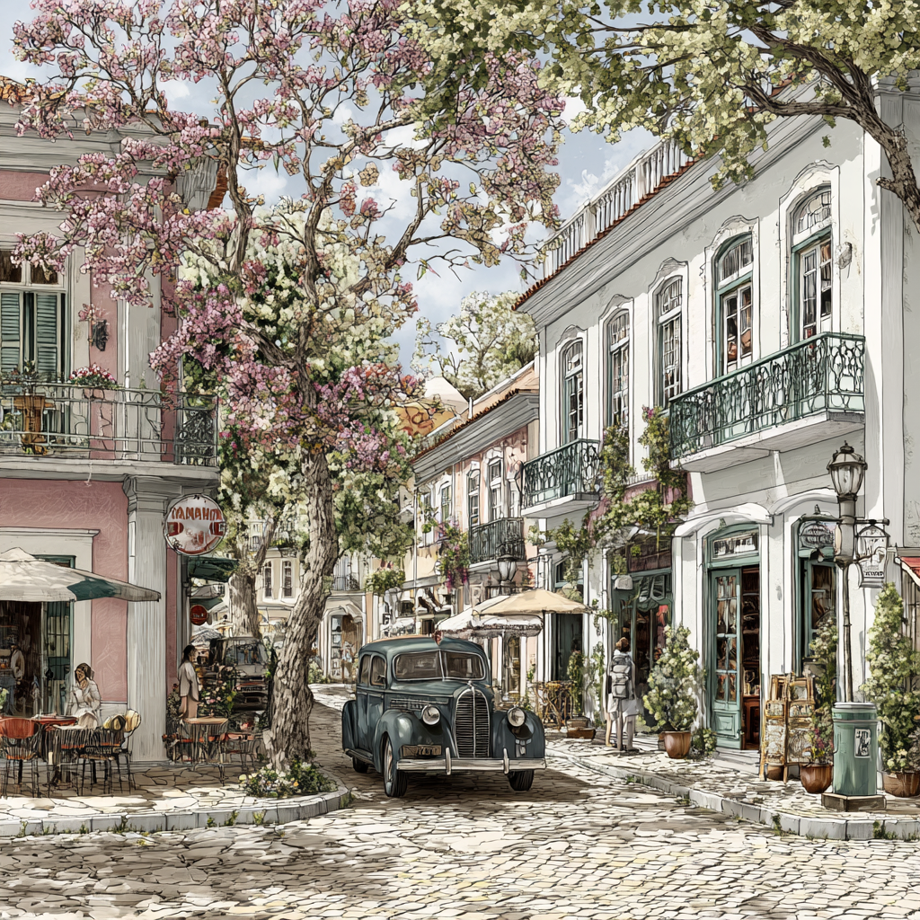 Malerische Strassenszene In Historischer Stadt Mit Cafe Und Balcony Pflanzen | Oldtimer | Mobilitaet und Technik