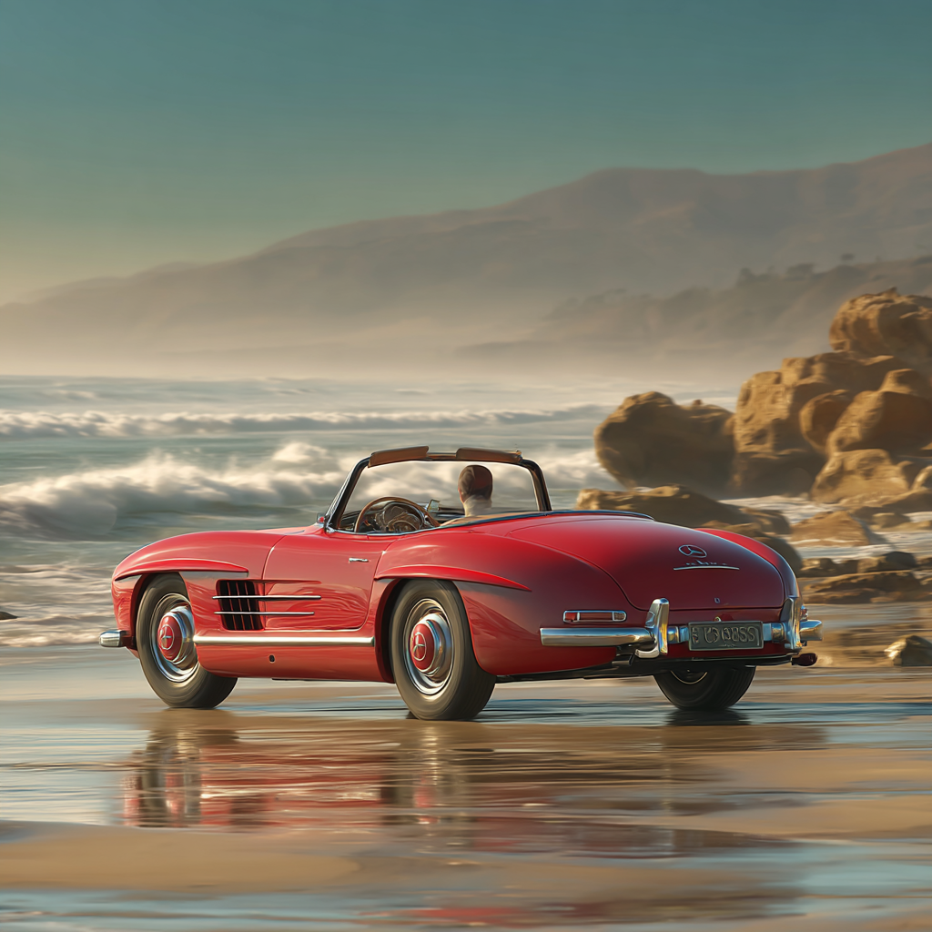 Rote Convertible Auf Dem Strand Mit Wellen Und Felsen | Oldtimer | Mobilitaet und Technik