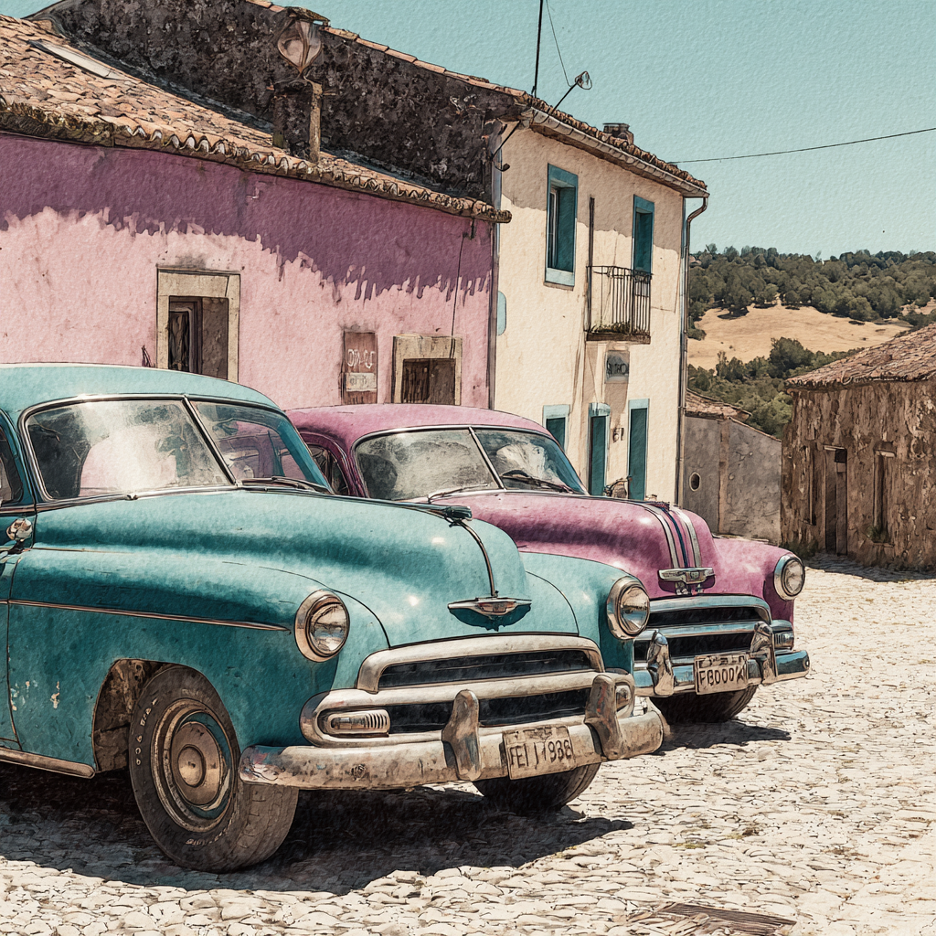Vintage Autos Türkis Rosa In Einem Idyllischen Dorf Mit Farbenfrohen Häusern | Oldtimer | Mobilitaet und Technik
