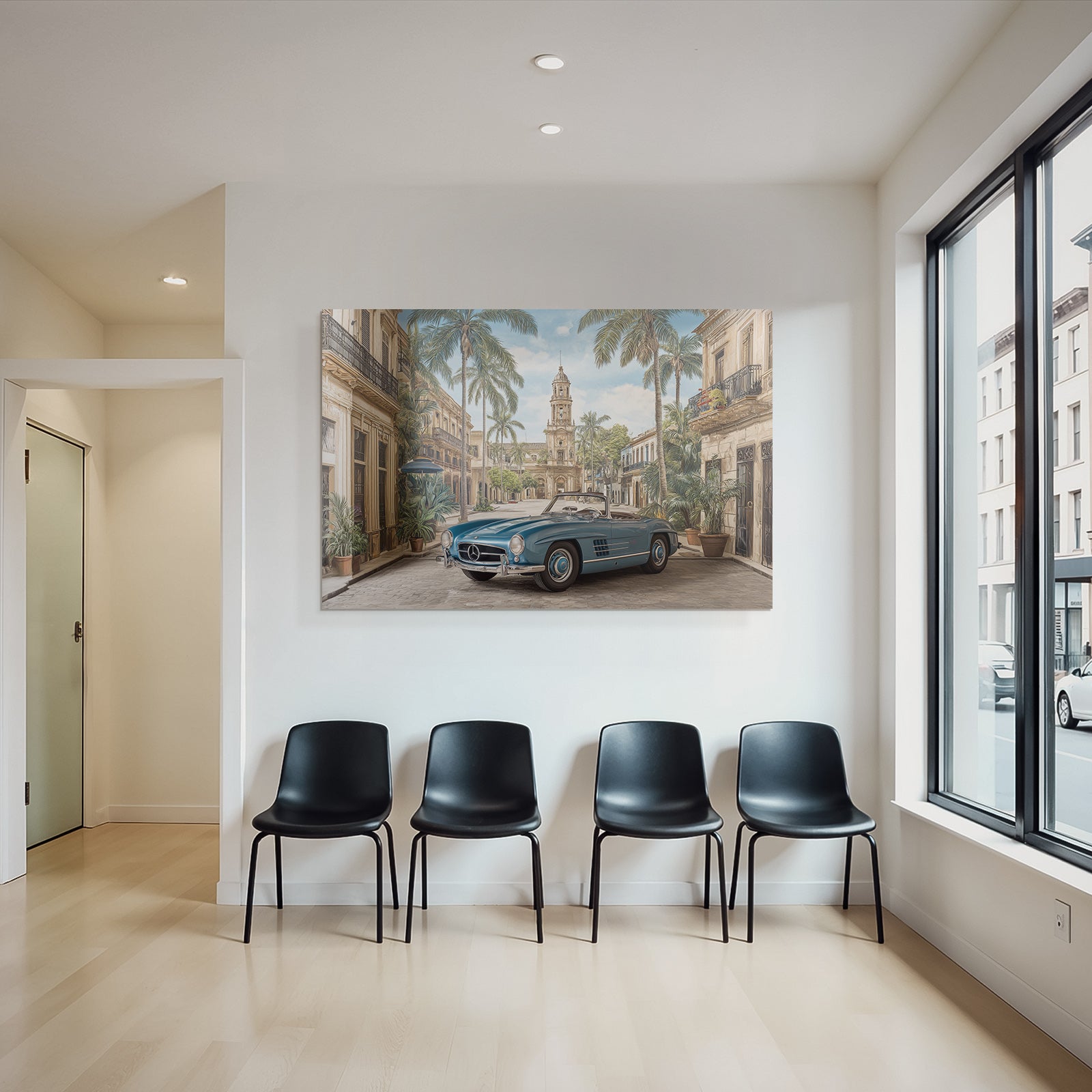 Blaür Konvertible Auto Mit Palmbäumen Und Historischer Architektur