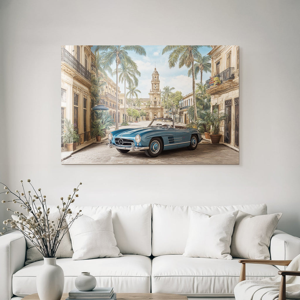 Blaür Konvertible Auto Mit Palmbäumen Und Historischer Architektur