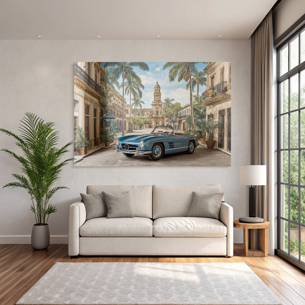 Blaür Konvertible Auto Mit Palmbäumen Und Historischer Architektur